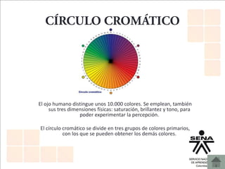 El ojo humano distingue unos 10.000 colores. Se emplean, también
sus tres dimensiones físicas: saturación, brillantez y tono, para
poder experimentar la percepción.
El círculo cromático se divide en tres grupos de colores primarios,
con los que se pueden obtener los demás colores.
 