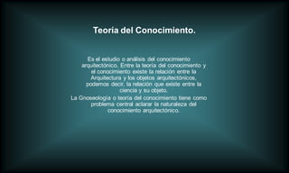 Teoría del Conocimiento.


      Es el estudio o análisis del conocimiento
    arquitectónico. Entre la teoría del conocimiento y
        el conocimiento existe la relación entre la
        Arquitectura y los objetos arquitectónicos,
      podemos decir, la relación que existe entre la
                    ciencia y su objeto.
La Gnoseología o teoría del conocimiento tiene como
        problema central aclarar la naturaleza del
               conocimiento arquitectónico.
 