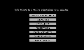 En la filosofía de la historia encontramos varias escuelas : PROVIDENCIALISTA IDEALISTA POSITIVISTA EVOLUCIONISTA MATERIALISTA RELATIVISTA FATALISTA 