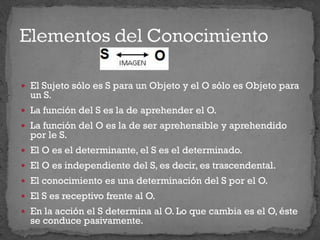  El Sujeto sólo es S para un Objeto y el O sólo es Objeto para
un S.
 La función del S es la de aprehender el O.
 La función del O es la de ser aprehensible y aprehendido
por le S.
 El O es el determinante, el S es el determinado.
 El O es independiente del S, es decir, es trascendental.
 El conocimiento es una determinación del S por el O.
 El S es receptivo frente al O.
 En la acción el S determina al O. Lo que cambia es el O, éste
se conduce pasivamente.
 