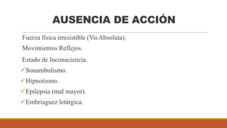 AUSENCIA DE ACCIÓN
Fuerza física irresistible (VisAbsoluta).
Movimientos Reflejos.
Estado de Inconsciencia.
Sonambulismo.
Hipnotismo.
Epilepsia (mal mayor).
Embriaguez letárgica.
 