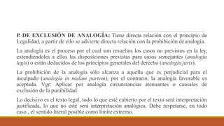 P. DE EXCLUSIÓN DE ANALOGÍA: Tiene directa relación con el principio de
Legalidad, a partir de ello se advierte directa relación con la prohibición deanalogía.
La analogía es el proceso por el cual son resueltos los casos no previstos en la ley,
extendiéndoles a ellos las disposiciones previstas para casos semejantes (analogía
legis) o están deducidos de los principios generales del derecho (analogíajuris).
La prohibición de la analogía sólo alcanza a aquella que es perjudicial para el
inculpado (analogía in malam partem); por el contrario, la analogía favorable es
aceptada. Vgr: Aplicar por analogía circunstancias atenuantes o causales de
exclusión de la punibilidad.
Lo decisivo es el texto legal, todo lo que esté cubierto por el texto será interpretación
justificada, lo que no esté será interpretación analógica. Debe respetarse, en todo
caso , el sentido literal posible como límite extremo.
 