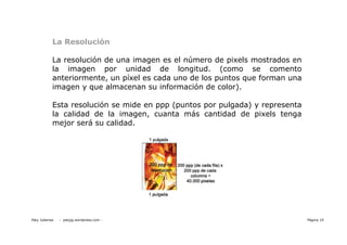 La Resolución

            La resolución de una imagen es el número de pixels mostrados en
            la imagen por unidad de longitud. (como se comento
            anteriormente, un píxel es cada uno de los puntos que forman una
            imagen y que almacenan su información de color).

            Esta resolución se mide en ppp (puntos por pulgada) y representa
            la calidad de la imagen, cuanta más cantidad de pixels tenga
            mejor será su calidad.




Paty Juberias   - patyjg.wordpress.com -                                       Página 19
 
