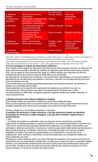 TEORIA GENERAL DE SISTEMAS

                                                   los organismos
4. Sistemas        Estructuralmente auto-          Flamas, células     Teoría del
abiertos           mantenibles                                         metabolismo
5. Organismos      Organizados completamente       Plantas             Botánica
pequeños           con partes funcionales,
                   crecimiento y reproducción
6. Animales        Un cerebro para guiar el        Pájaros y bestias Zoología
                   comportamiento total,
                   habilidad de aprender.
7. Hombre          Con autoconciencia,             Seres humanos       Biología, psicología
                   conocimiento del
                   conocimiento, lenguaje
                   simbólico
8. Sistemas        Roles, comunicación,            Familias, clubes    Historia, sociología,
socioculturales    transmisión de valores.         sociales,           antropología,
                                                   naciones.           ciencia del
                                                                       comportamiento
9. Sistemas           Irreconocibles                 La idea de Dios   -
trascendentales
Notas: Las propiedades emergentes se incrementan en cada nuevo nivel.
Del nivel 1 al 9: la complejidad se incrementa; es más difícil para un observador externo el predecir el
comportamiento; hay una dependencia incremental en decisiones sin programar.
Los niveles más pequeños son encontrados en los sistemas más altos - p.e. el hombre muestra
todas las características de los niveles 1 al 6 y las propiedades emergentes del nuevo nivel.
b) Teoría analógica o modelo de isomorfismo sistémico:
Este modelo busca integrar las relaciones entre fenómenos de las distintas ciencias. La detección de
estos fenómenos permite el armado de modelos de aplicación para distintas áreas de las ciencias.
Esto, que se repite en forma permanente, exige un análisis iterativo que responde a la idea de
modularidad que la teoría de los sistemas desarrolla en sus contenidos.
Se pretende por comparaciones sucesivas, una aproximación metodológica, a la vez que facilitar la
identificación de los elementos equivalentes o comunes, y permitir una correspondencia biunívoca
entre las distintas ciencias.
Como evidencia de que existen propiedades generales entre distintos sistemas, se identifican y
extraen sus similitudes estructurales.
Estos elementos son la esencia de la aplicación del modelo de isomorfismo, es decir, la
correspondencia entre principios que rigen el comportamiento de objetos que, si bien
intrínsecamente son diferentes, en algunos aspectos registran efectos que pueden necesitar un
mismo procedimiento.

c) Modelo procesal o del sistema adaptativo complejo
Este modelo implica por asociación la aplicación previa del modelo del rango.
Dado que las organizaciones se encuentran dentro del nivel 8, critica y logra la demolición de los
modelos existentes tanto dentro de la sociología como dentro de la administración.

Buckley, categoriza a los modelos existentes en dos tipos:
a) aquellos de extracción y origen mecánico, a los que denomina modelo de equilibrio;
b) aquellos de extracción y origen biológico, a los que llama modelos organísmicos u
homeostáticos.
Y dice:
"...el modelo de equilibrio es aplicable a tipos de sistemas que se caracterizan por perder
organización al desplazarse hacia un punto de equilibrio y con posterioridad tienden a mantener ese
nivel mínimo dentro de perturbaciones relativamente estrechas. Los modelos homeostáticos son
aplicables a sistemas que tienden a mantener un nivel de organización dado relativamente elevado a
pesar de las tendencias constantes a disminuirlo. El modelo procesal o de sistema complejo
adaptativo se aplica a los sistemas caracterizados por la elaboración o la evolución de la
organización; como veremos se benefician con las perturbaciones y la variedad del medio y de
hecho dependen de estas".
Mientras que ciertos sistemas tienen una natural tendencia al equilibrio, los sistemas del nivel 8 se
caracterizan por sus propiedades morfogénicas, es decir que en lugar de buscar un equilibrio estable
tienden a una permanente transformación estructural. Este proceso de transformación estructural
permanente, constituye el pre-requisito para que los sistemas de nivel 8 se conserven en forma
activa y eficiente, en suma es su razón de supervivencia.


                                                                                                     10
 