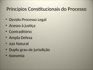 Princípios Constitucionais do Processo
• Devido Processo Legal
• Acesso à justiça
• Contraditório
• Ampla Defesa
• Juiz Natural
• Duplo grau de jurisdição
• Isonomia
 