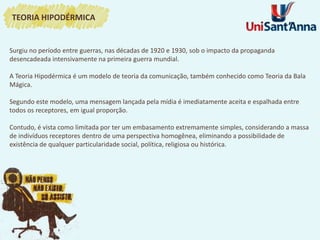 Surgiu no período entre guerras, nas décadas de 1920 e 1930, sob o impacto da propaganda
desencadeada intensivamente na primeira guerra mundial.
A Teoria Hipodérmica é um modelo de teoria da comunicação, também conhecido como Teoria da Bala
Mágica.
Segundo este modelo, uma mensagem lançada pela mídia é imediatamente aceita e espalhada entre
todos os receptores, em igual proporção.
Contudo, é vista como limitada por ter um embasamento extremamente simples, considerando a massa
de indivíduos receptores dentro de uma perspectiva homogênea, eliminando a possibilidade de
existência de qualquer particularidade social, política, religiosa ou histórica.
TEORIA HIPODÉRMICA
 