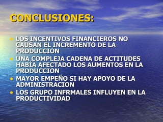 CONCLUSIONES:   LOS INCENTIVOS FINANCIEROS NO CAUSAN EL INCREMENTO DE LA PRODUCCION UNA COMPLEJA CADENA DE ACTITUDES HABÍA AFECTADO LOS AUMENTOS EN LA PRODUCCION MAYOR EMPEÑO SI HAY APOYO DE LA ADMINISTRACION  LOS GRUPO INFRMALES INFLUYEN EN LA PRODUCTIVIDAD 