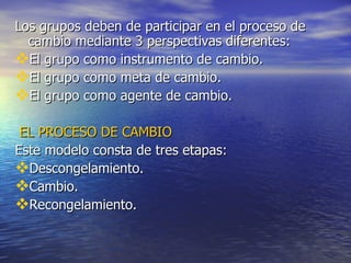 Los grupos deben de participar en el proceso de cambio mediante 3 perspectivas diferentes: El grupo como instrumento de cambio. El grupo como meta de cambio. El grupo como agente de cambio. EL PROCESO DE CAMBIO Este modelo consta de tres etapas: Descongelamiento. Cambio. Recongelamiento. 