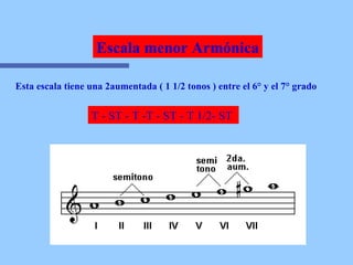 Escala menor Armónica Esta escala tiene una 2aumentada ( 1 1/2 tonos ) entre el 6° y el 7° grado T - ST - T -T - ST - T 1/2- ST  