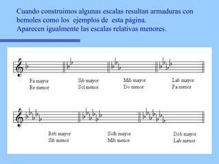 Cuando construimos algunas escalas resultan armaduras con  bemoles como los  ejemplos de  esta página.  Aparecen igualmente las escalas relativas menores. 
