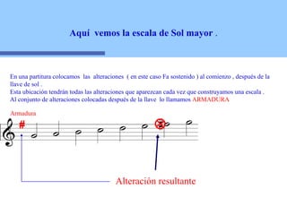 Aquí  vemos la escala de Sol mayor  . Alteración resultante En una partitura colocamos  las  alteraciones  ( en este caso Fa sostenido ) al comienzo , después de la llave de sol .  Esta ubicación tendrán todas las alteraciones que aparezcan cada vez que construyamos una escala . Al conjunto de alteraciones colocadas después de la llave  lo llamamos  ARMADURA # # # # Armadura 