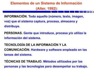 Elementos de un Sistema de Información
(Alter, 1992):
INFORMACIÓN. Todo aquello (número, texto, imagen,
voz) que el sistema captura, procesa, almacena y
distribuye.
PERSONAS. Gente que introduce, procesa y/o utiliza la
información del sistema.
TECNOLOGÍA DE LA INFORMACIÓN Y LA
COMUNICACIÓN. Hardware y software empleado en las
tareas del sistema.
TÉCNICAS DE TRABAJO. Métodos utilizados por las
personas y las tecnologías para desempeñar su trabajo.
 