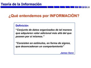 Definición
“Conjunto de datos organizados de tal manera
que adquieren valor adicional más allá del que
poseen por sí mismos.”
“Consisten en estímulos, en forma de signos,
que desencadenan un comportamiento”
James Senn
¿Qué entendemos por INFORMACIÒN?
Teoría de la Información
 