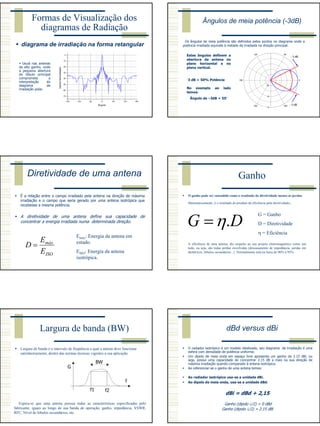 3
Formas de Visualização dos
diagramas de Radiação
diagrama de irradiação na forma retangular
Usual nas antenas
de alto ganho, onde
a pequena abertura
do lóbulo principal
compromete a
interpretação do
diagrama de
irradiação polar.
-180 -120 -60 0 60 120 180
-70
-60
-50
-40
-30
-20
-10
0
GanhoNormalisado
ângulo
Ângulos de meia potência (-3dB)
Os ângulos de meia potência são definidos pelos pontos no diagrama onde a
potência irradiada equivale à metade da irradiada na direção principal.
0
60120
180
240 300
-12
-6
0
- 3 dB
- 3 dBEstes ângulos definem a
abertura da antena no
plano horizontal e no
plano vertical.
-3 dB = 50% Potência
No exemplo ao lado
temos:
Ângulo de –3dB = 55°
Diretividade de uma antena
É a relação entre o campo irradiado pela antena na direção de máxima
irradiação e o campo que seria gerado por uma antena isotrópica que
recebesse a mesma potência.
A diretividade de uma antena define sua capacidade de
concentrar a energia irradiada numa determinada direção.
ISO
máx
E
E
D =
Emáx: Energia da antena em
estudo.
EISO: Energia da antena
isotrópica.
Ganho
O ganho pode ser entendido como o resultado da diretividade menos as perdas.
Matematicamente, é o resultado do produto da eficiência pela diretividade.
DG .η=
G = Ganho
D = Diretividade
η = Eficiência
A eficiência de uma antena, diz respeito ao seu projeto eletromagnético como um
todo, ou seja, são todas perdas envolvidas (descasamento de impedância, perdas em
dielétricos, lóbulos secundários...). Normalmente está na faixa de 90% a 95%.
Largura de banda (BW)
Largura de banda é o intervalo de freqüência a qual a antena deve funcionar
satisfatoriamente, dentro das normas técnicas vigentes a sua aplicação.
f1 f2
BW
G
f
Espera-se que uma antena possua todas as características especificadas pelo
fabricante, iguais ao longo de sua banda de operação, ganho, impedância, VSWR,
RFC, Nível de lóbulos secundários, etc.
dBd versus dBi
O radiador isotrópico é um modelo idealizado, seu diagrama de irradiação é uma
esfera com densidade de potência uniforme.
Um dipolo de meia onda em espaço livre apresenta um ganho de 2.15 dBi, ou
seja, possui uma capacidade de concentrar 2.15 dB a mais na sua direção de
máxima irradiação quando comparado à antena isotrópica.
Ao referenciar-se o ganho de uma antena temos:
Ao radiador isotrópico usa-se a unidade dBi.
Ao dipolo de meia onda, usa-se a unidade dBd.
dBi = dBd + 2,15
Ganho (dipolo λ/2) = 0 dBd
Ganho (dipolo λ/2) = 2.15 dBi
 