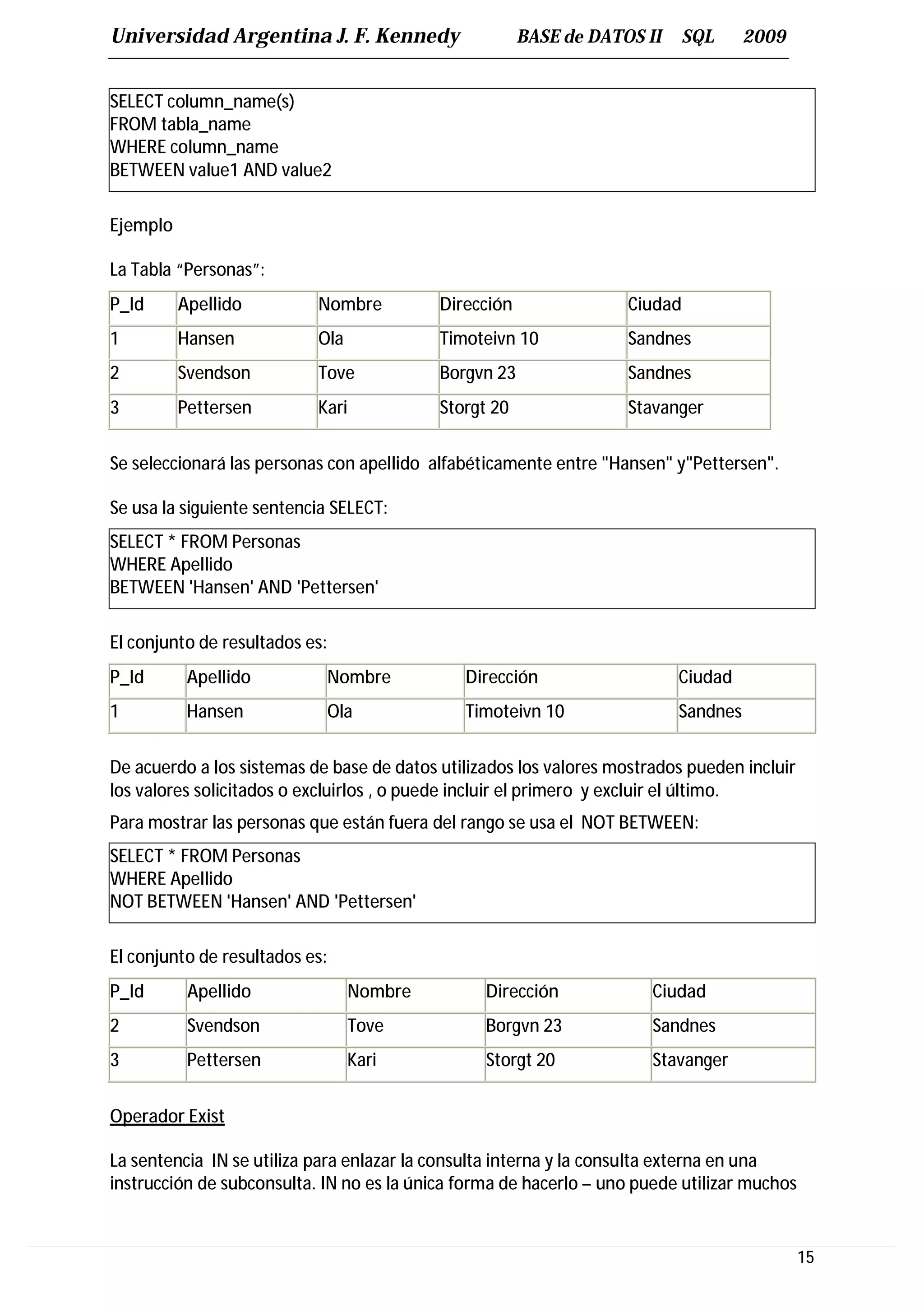 Universidad Argentina J. F. Kennedy                    BASE de DATOS II     SQL     2009


SELECT column_name(s)
FROM tabla_name
WHERE column_name
BETWEEN value1 AND value2

Ejemplo

La Tabla “Personas”:
P_Id      Apellido         Nombre          Dirección               Ciudad
1         Hansen           Ola             Timoteivn 10            Sandnes
2         Svendson         Tove            Borgvn 23               Sandnes
3         Pettersen        Kari            Storgt 20               Stavanger


Se seleccionará las personas con apellido alfabéticamente entre "Hansen" y"Pettersen".

Se usa la siguiente sentencia SELECT:
SELECT * FROM Personas
WHERE Apellido
BETWEEN 'Hansen' AND 'Pettersen'

El conjunto de resultados es:
P_Id       Apellido         Nombre            Dirección                   Ciudad
1          Hansen           Ola               Timoteivn 10                Sandnes


De acuerdo a los sistemas de base de datos utilizados los valores mostrados pueden incluir
los valores solicitados o excluirlos , o puede incluir el primero y excluir el último.
Para mostrar las personas que están fuera del rango se usa el NOT BETWEEN:
SELECT * FROM Personas
WHERE Apellido
NOT BETWEEN 'Hansen' AND 'Pettersen'

El conjunto de resultados es:
P_Id       Apellido              Nombre          Dirección             Ciudad
2          Svendson              Tove            Borgvn 23             Sandnes
3          Pettersen             Kari            Storgt 20             Stavanger


Operador Exist

La sentencia IN se utiliza para enlazar la consulta interna y la consulta externa en una
instrucción de subconsulta. IN no es la única forma de hacerlo – uno puede utilizar muchos


                                                                                             15
 