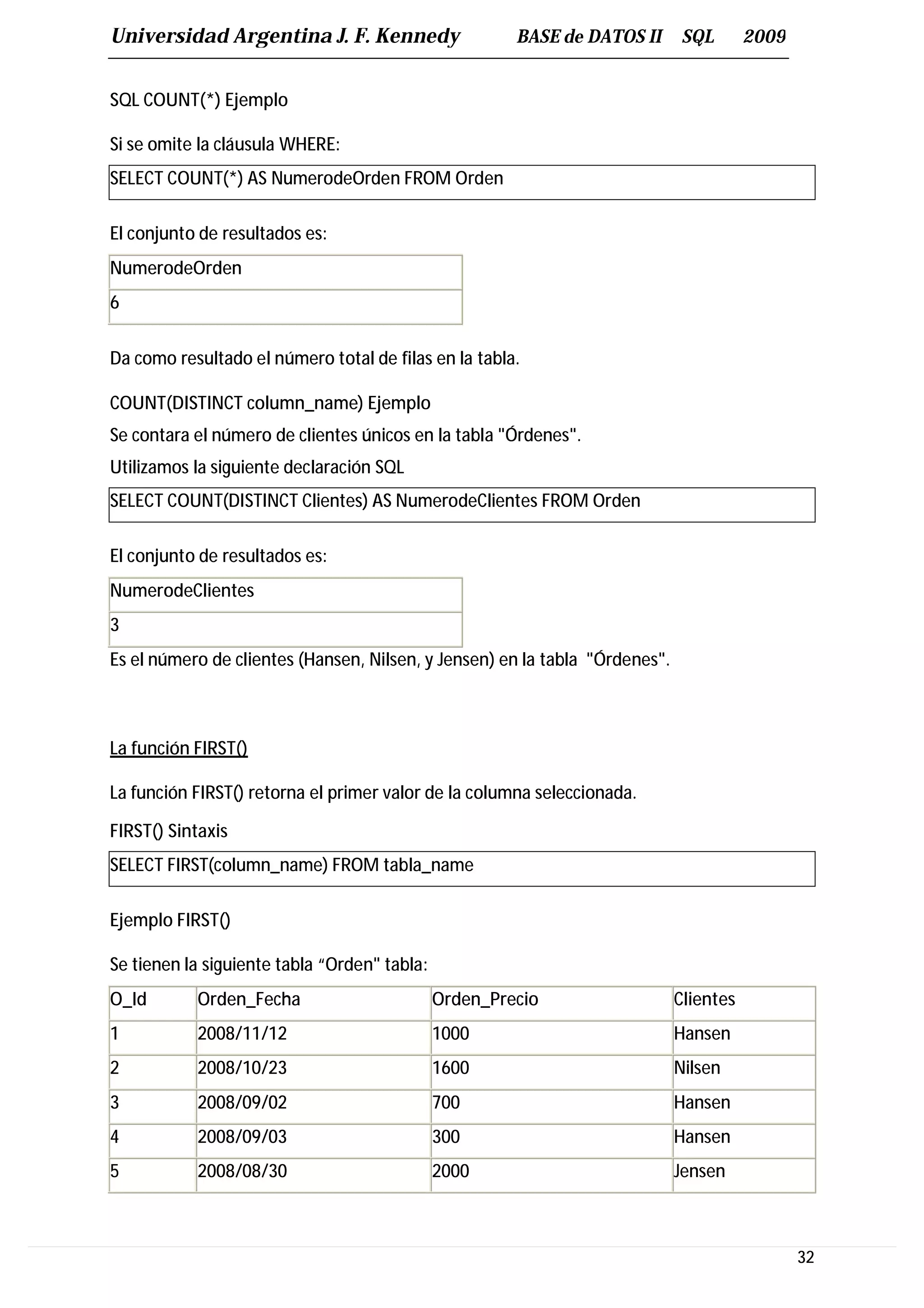 Universidad Argentina J. F. Kennedy                    BASE de DATOS II       SQL       2009


SQL COUNT(*) Ejemplo

Si se omite la cláusula WHERE:
SELECT COUNT(*) AS NumerodeOrden FROM Orden

El conjunto de resultados es:
NumerodeOrden
6


Da como resultado el número total de filas en la tabla.

COUNT(DISTINCT column_name) Ejemplo
Se contara el número de clientes únicos en la tabla "Órdenes".
Utilizamos la siguiente declaración SQL
SELECT COUNT(DISTINCT Clientes) AS NumerodeClientes FROM Orden

El conjunto de resultados es:
NumerodeClientes
3
Es el número de clientes (Hansen, Nilsen, y Jensen) en la tabla "Órdenes".



La función FIRST()

La función FIRST() retorna el primer valor de la columna seleccionada.

FIRST() Sintaxis
SELECT FIRST(column_name) FROM tabla_name

Ejemplo FIRST()

Se tienen la siguiente tabla “Orden" tabla:
O_Id       Orden_Fecha                        Orden_Precio                   Clientes
1          2008/11/12                         1000                           Hansen
2          2008/10/23                         1600                           Nilsen
3          2008/09/02                         700                            Hansen
4          2008/09/03                         300                            Hansen
5          2008/08/30                         2000                           Jensen



                                                                                               32
 