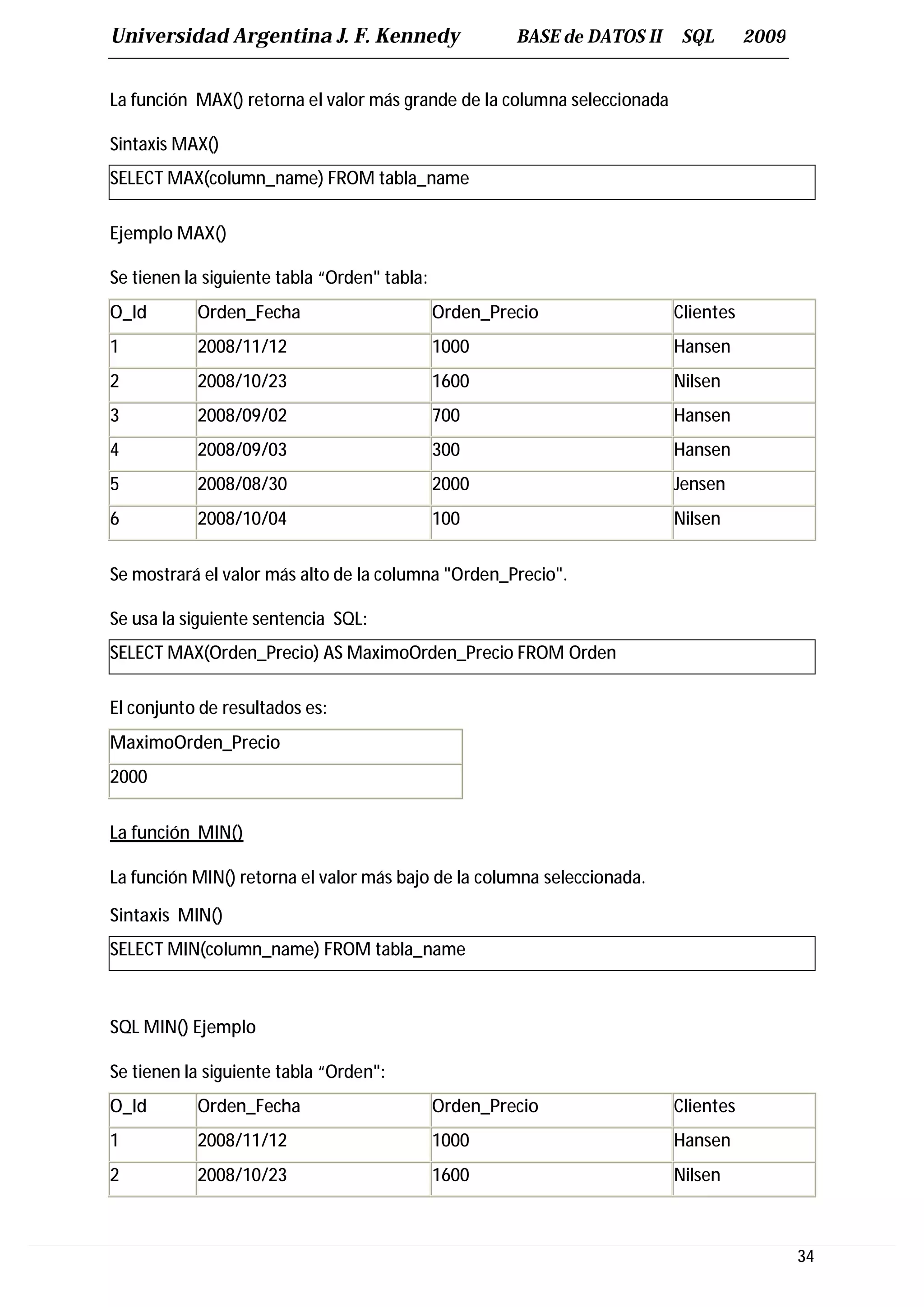 Universidad Argentina J. F. Kennedy                    BASE de DATOS II    SQL       2009


La función MAX() retorna el valor más grande de la columna seleccionada

Sintaxis MAX()
SELECT MAX(column_name) FROM tabla_name

Ejemplo MAX()

Se tienen la siguiente tabla “Orden" tabla:
O_Id       Orden_Fecha                        Orden_Precio                Clientes
1          2008/11/12                         1000                        Hansen
2          2008/10/23                         1600                        Nilsen
3          2008/09/02                         700                         Hansen
4          2008/09/03                         300                         Hansen
5          2008/08/30                         2000                        Jensen
6          2008/10/04                         100                         Nilsen


Se mostrará el valor más alto de la columna "Orden_Precio".

Se usa la siguiente sentencia SQL:
SELECT MAX(Orden_Precio) AS MaximoOrden_Precio FROM Orden

El conjunto de resultados es:
MaximoOrden_Precio
2000

La función MIN()

La función MIN() retorna el valor más bajo de la columna seleccionada.

Sintaxis MIN()
SELECT MIN(column_name) FROM tabla_name



SQL MIN() Ejemplo

Se tienen la siguiente tabla “Orden":
O_Id       Orden_Fecha                        Orden_Precio                Clientes
1          2008/11/12                         1000                        Hansen
2          2008/10/23                         1600                        Nilsen



                                                                                            34
 