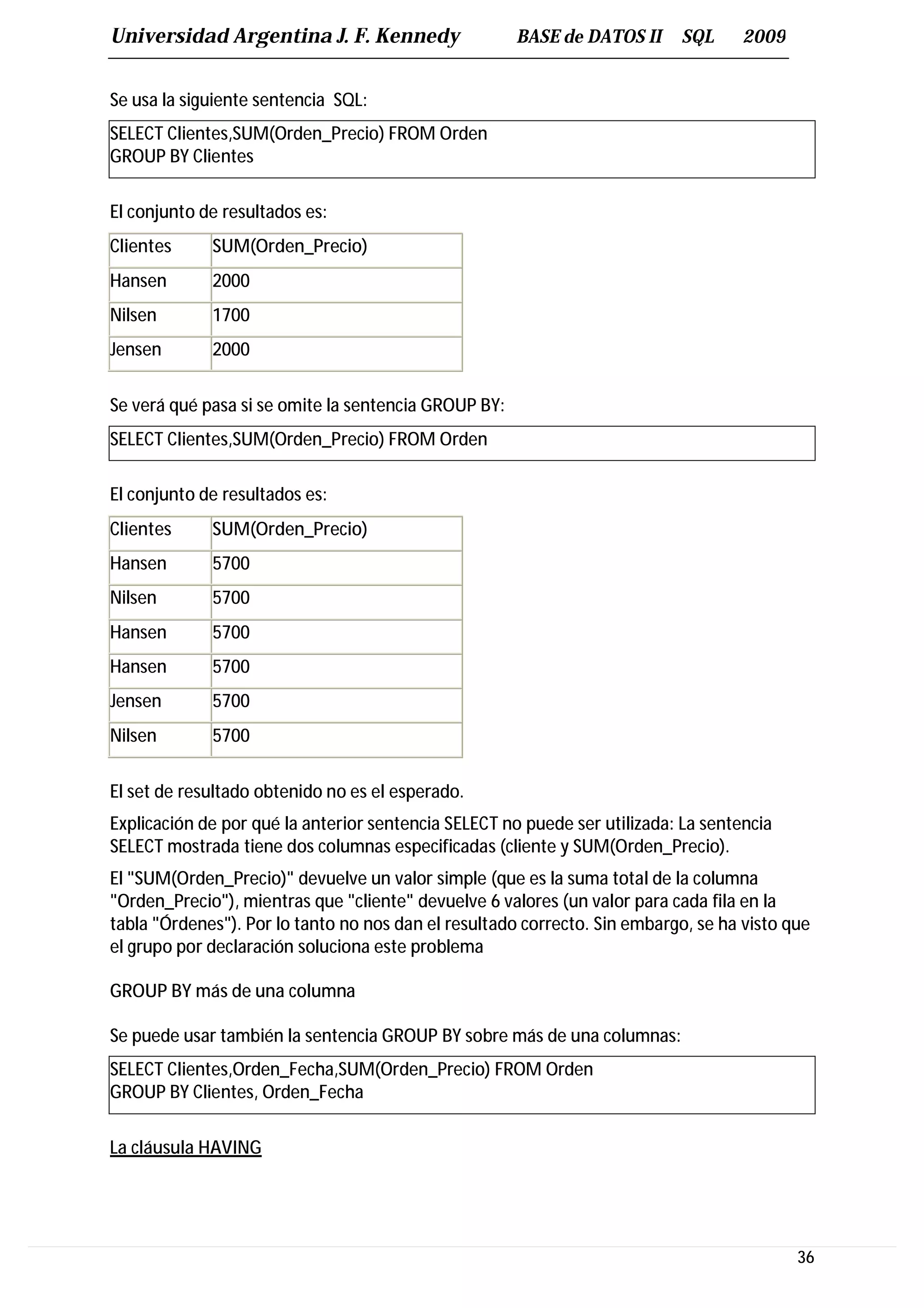 Universidad Argentina J. F. Kennedy                   BASE de DATOS II     SQL      2009


Se usa la siguiente sentencia SQL:
SELECT Clientes,SUM(Orden_Precio) FROM Orden
GROUP BY Clientes

El conjunto de resultados es:
Clientes     SUM(Orden_Precio)
Hansen       2000
Nilsen       1700
Jensen       2000


Se verá qué pasa si se omite la sentencia GROUP BY:
SELECT Clientes,SUM(Orden_Precio) FROM Orden

El conjunto de resultados es:
Clientes     SUM(Orden_Precio)
Hansen       5700
Nilsen       5700
Hansen       5700
Hansen       5700
Jensen       5700
Nilsen       5700


El set de resultado obtenido no es el esperado.
Explicación de por qué la anterior sentencia SELECT no puede ser utilizada: La sentencia
SELECT mostrada tiene dos columnas especificadas (cliente y SUM(Orden_Precio).
El "SUM(Orden_Precio)" devuelve un valor simple (que es la suma total de la columna
"Orden_Precio"), mientras que "cliente" devuelve 6 valores (un valor para cada fila en la
tabla "Órdenes"). Por lo tanto no nos dan el resultado correcto. Sin embargo, se ha visto que
el grupo por declaración soluciona este problema

GROUP BY más de una columna

Se puede usar también la sentencia GROUP BY sobre más de una columnas:
SELECT Clientes,Orden_Fecha,SUM(Orden_Precio) FROM Orden
GROUP BY Clientes, Orden_Fecha

La cláusula HAVING




                                                                                           36
 
