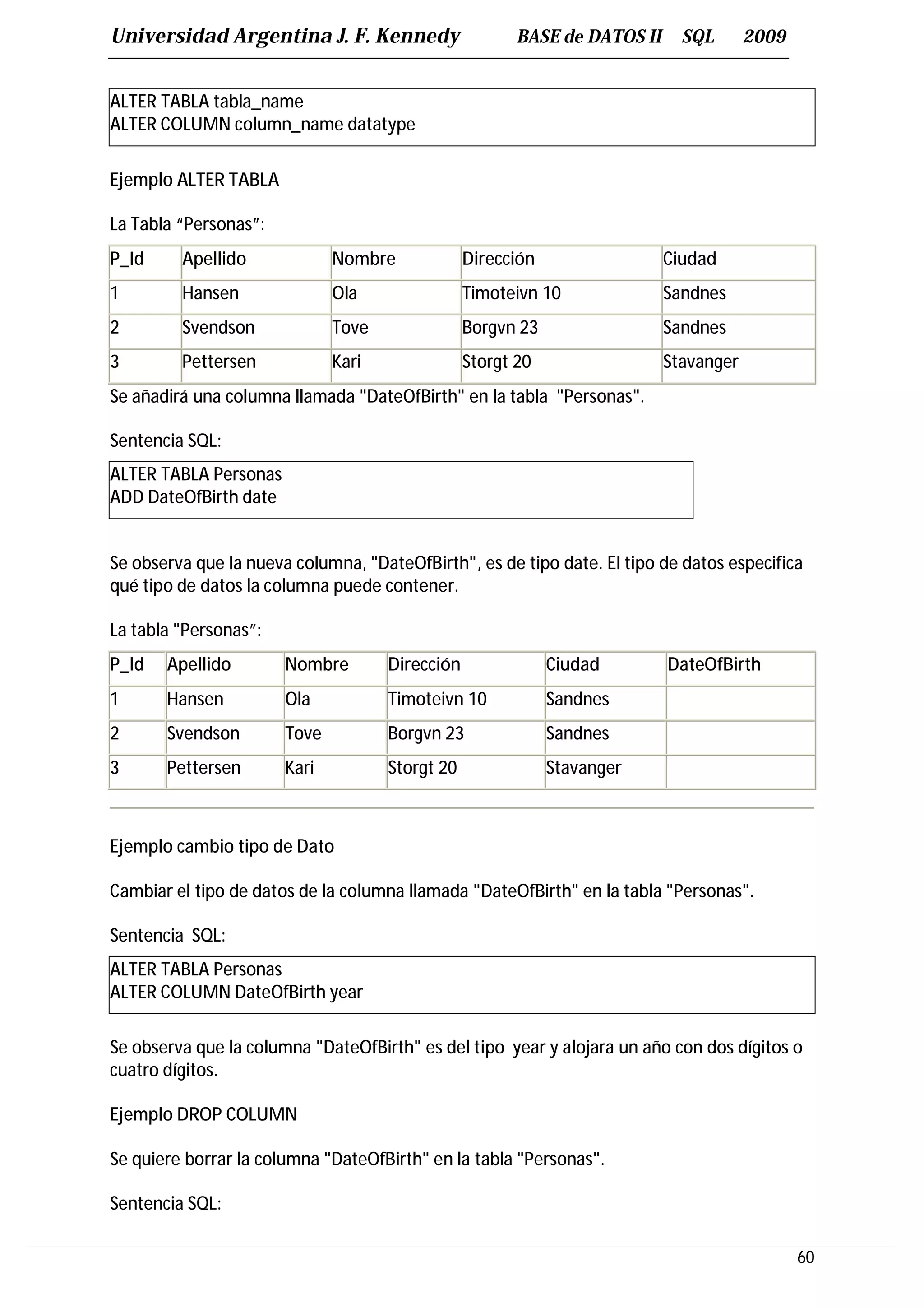 Universidad Argentina J. F. Kennedy                     BASE de DATOS II     SQL       2009


ALTER TABLA tabla_name
ALTER COLUMN column_name datatype

Ejemplo ALTER TABLA

La Tabla “Personas”:
P_Id     Apellido             Nombre             Dirección                 Ciudad
1        Hansen               Ola                Timoteivn 10              Sandnes
2        Svendson             Tove               Borgvn 23                 Sandnes
3        Pettersen            Kari               Storgt 20                 Stavanger
Se añadirá una columna llamada "DateOfBirth" en la tabla "Personas".

Sentencia SQL:
ALTER TABLA Personas
ADD DateOfBirth date


Se observa que la nueva columna, "DateOfBirth", es de tipo date. El tipo de datos especifica
qué tipo de datos la columna puede contener.

La tabla "Personas”:
P_Id   Apellido        Nombre        Dirección               Ciudad        DateOfBirth
1      Hansen          Ola           Timoteivn 10            Sandnes
2      Svendson        Tove          Borgvn 23               Sandnes
3      Pettersen       Kari          Storgt 20               Stavanger



Ejemplo cambio tipo de Dato

Cambiar el tipo de datos de la columna llamada "DateOfBirth" en la tabla "Personas".

Sentencia SQL:
ALTER TABLA Personas
ALTER COLUMN DateOfBirth year

Se observa que la columna "DateOfBirth" es del tipo year y alojara un año con dos dígitos o
cuatro dígitos.

Ejemplo DROP COLUMN

Se quiere borrar la columna "DateOfBirth" en la tabla "Personas".

Sentencia SQL:

                                                                                              60
 