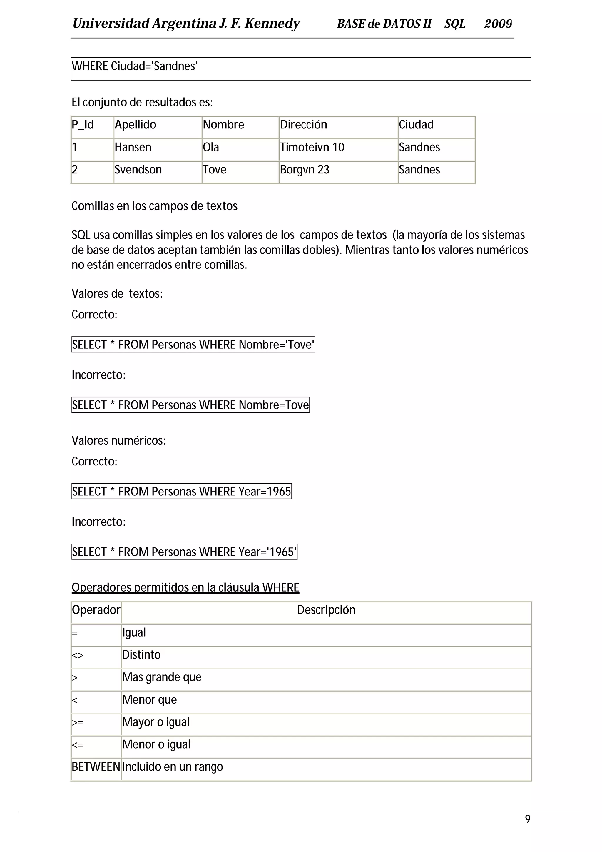 Universidad Argentina J. F. Kennedy                  BASE de DATOS II      SQL    2009


WHERE Ciudad='Sandnes'

El conjunto de resultados es:
P_Id    Apellido             Nombre      Dirección               Ciudad
1       Hansen               Ola         Timoteivn 10            Sandnes
2       Svendson             Tove        Borgvn 23               Sandnes


Comillas en los campos de textos

SQL usa comillas simples en los valores de los campos de textos (la mayoría de los sistemas
de base de datos aceptan también las comillas dobles). Mientras tanto los valores numéricos
no están encerrados entre comillas.

Valores de textos:
Correcto:

SELECT * FROM Personas WHERE Nombre='Tove'

Incorrecto:

SELECT * FROM Personas WHERE Nombre=Tove

Valores numéricos:
Correcto:

SELECT * FROM Personas WHERE Year=1965

Incorrecto:

SELECT * FROM Personas WHERE Year='1965'

Operadores permitidos en la cláusula WHERE
Operador                                    Descripción
=           Igual
<>          Distinto
>           Mas grande que
<           Menor que
>=          Mayor o igual
<=          Menor o igual
BETWEEN Incluido en un rango



                                                                                          9
 