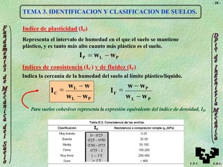 - 20 -
TEMA 3. IDENTIFICACION Y CLASIFICACION DE SUELOS.
C
I
Indice de plasticidad (IP)
Representa el intervalo de humedad en el que el suelo se mantiene
plástico, y es tanto más alto cuanto más plástico es el suelo.
IP  wL  wP
Indices de consistencia (IC) y de fluidez (IF)
Indica la cercanía de la humedad del suelo al límite plástico/líquido.
L P
F
I
wL  wP w  w

wL  w

w  wP
Para suelos cohesivos representa la expresión equivalente del índice de densidad, ID
IC
U.P.V. E.H.U.
 