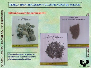- 4 -
TEMA 3. IDENTIFICACION Y CLASIFICACION DE SUELOS.
Diferencias entre las partículas (II)
U.P.V. E.H.U.
En estas imágenes se puede ver
la diferencia en el tamaño entre
distintas partículas sólidas.
 