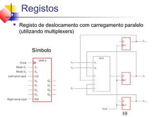 Registos
   Registo de deslocamento com carregamento paralelo
    (utilizando multiplexers)


         Símbolo




                                            10
 