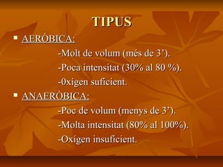 TIPUS
   AERÒBICA:
          -Molt de volum (més de 3’).
          -Poca intensitat (30% al 80 %).
          -0xígen suficient.
   ANAERÒBICA:
          -Poc de volum (menys de 3’).
          -Molta intensitat (80% al 100%).
          -Oxígen insuficient.
 