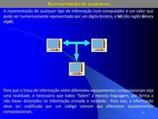 10
A representação de qualquer tipo de informação num computador é um valor que
pode ser numericamente representado por um dígito binário, o bit (do inglês binary
digit).
Para que a troca de informação entre diferentes equipamentos computacionais seja
uma realidade, é necessário que todos “falem” a mesma linguagem, por forma a
não haver distorções na informação enviada e recebida . Para isso, a informação
deve ser codificada por um código comum aos diferentes equipamentos
computacionais.
Representação de caracteres
 