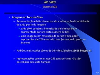 129
Sistema RGB
 Imagens em Tons de Cinza
– Representação é feita discretizando a informação de luminância
de cada ponto da imagem
 cada pixel contém a intensidade de luminosidade
representada por um certo número de bits
 uma imagem com resolução de cor de 8 bits, pode
representar até 256 níveis de cinza (variando do preto ao
branco)
– Padrões mais usados são os de 16 (4 bits/pixel) e 256 (8 bits/pixel)
– representações com mais que 256 tons-de-cinza não são
percebidas pela vista humana
AC / AFC
 