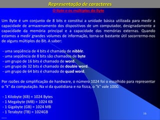 16
O Byte e os múltiplos do Byte
Um Byte é um conjunto de 8 bits e constitui a unidade básica utilizada para medir a
capacidade de armazenamento dos dispositivos de um computador, designadamente a
capacidade da memória principal e a capacidade das memórias externas. Quando
estamos a medir grandes volumes de informação, torna-se bastante útil socorrermo-nos
de alguns múltiplos do Bit. A saber:
- uma seqüência de 4 bits é chamada de nibble.
- uma seqüência de 8 bits são chamados de byte
- um grupo de 16 bits é chamado de word.
- um grupo de 32 bits é chamado de double word.
- um grupo de 64 bits é chamado de quad word.
Por razões de simplificação de hardware, o número 1024 foi o escolhido para representar
o "k" da computação. Na vi da quotidiana e na física, o "k" vale 1000.
- 1 Kilobyte (KB) = 1024 Bytes
- 1 Megabyte (MB) = 1024 KB
- 1 Gigabyte (GB) = 1024 MB
- 1 Terabyte (TB) = 1024GB
…..
Representação de caracteres
 