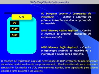 PC
MAR
MBR
CPU
PC (Program Counter / Controlador de
instruções) - Contém o endereço da
próxima instrução que deve ser procurada
na memória.
MAR (Memory Addres Register) - Contém
o endereço da próxima localização de
memória a aceder.
MBR (Memory Buffer Register) - Contém
a informação recebida da memória ou a
informação a enviar para a memória.
O conceito de registrador surgiu da necessidade da UCP armazenar temporariamente
dados intermediários durante um processamento. São dispositivos de armazenamento
temporário, localizados na UCP, extremamente rápidos, com capacidade para apenas
um dado (uma palavra) e são voláteis.
 