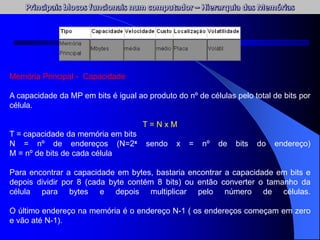 Memória Principal - Capacidade
A capacidade da MP em bits é igual ao produto do nº de células pelo total de bits por
célula.
T = N x M
T = capacidade da memória em bits
N = nº de endereços (N=2x sendo x = nº de bits do endereço)
M = nº de bits de cada célula
Para encontrar a capacidade em bytes, bastaria encontrar a capacidade em bits e
depois dividir por 8 (cada byte contém 8 bits) ou então converter o tamanho da
célula para bytes e depois multiplicar pelo número de células.
O último endereço na memória é o endereço N-1 ( os endereços começam em zero
e vão até N-1).
 