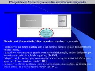 Dispositivos de Entrada/Saída (I/O) e respectivos controladores, incluindo:
• dispositivos que fazem interface com o ser humano: monitor, teclado, rato, impressora,
colunas de som, ...
• dispositivos que armazenam grandes quantidades de informação, também designados por
memória secundária: disco, banda magnética, CD-ROM, ...
• dispositivos de interface para comunicação com outros equipamentos: interfaces vídeo,
placas de rede local, modems, interface RDIS, ...
• dispositivos internos auxiliares, como um temporizador, um controlador de interrupções,
um controlador de acessos directos à memória (DMA), ...
Processador / UCP
 