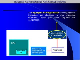 As Linguagens de Programação são conjuntos de
instruções que obedecem a uma gramática
específica, usadas para fazer programas de
computador.
 