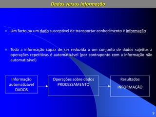 9
 Um facto ou um dado susceptível de transportar conhecimento é informação
 Toda a informação capaz de ser reduzida a um conjunto de dados sujeitos a
operações repetitivas é automatizável (por contraponto com a informação não
automatizável)
Informação
automatizável
DADOS
Operações sobre dados
PROCESSAMENTO
Resultados
INFORMAÇÃO
Dados versus Informação
 