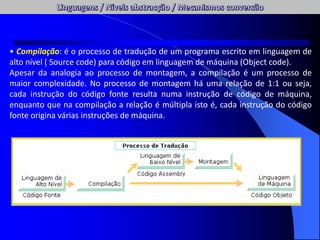 • Compilação: é o processo de tradução de um programa escrito em linguagem de
alto nível ( Source code) para código em linguagem de máquina (Object code).
Apesar da analogia ao processo de montagem, a compilação é um processo de
maior complexidade. No processo de montagem há uma relação de 1:1 ou seja,
cada instrução do código fonte resulta numa instrução de código de máquina,
enquanto que na compilação a relação é múltipla isto é, cada instrução do código
fonte origina várias instruções de máquina.
 
