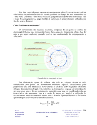 Um fator essencial para o uso dos servomotores nas aplicações em sejam necessárias
velocidade e sincronismo dos eixos é a elevada qualidade e a energia dos ímãs permanentes de
Terras-Raras (Neodímio-Ferro-Boro) utilizados, que permitem suportar altas sobrecargas sem
o risco de desmagnetização, graças também à tecnologia de encapsulamento utilizada para
fixá-los ao eixo do motor.
Como funciona um servomotor?
Os servomotores são máquinas síncronas, compostas de seis pólos no estator, de
alimentação trifásica, ímãs permanentes Terras-Raras, dispostos linearmente sobre a face do
rotor e um sensor analógico chamado resolver para realimentação de posicionamento e
velocidade.
Figura 4 - Cortes transversais no rotor
Sua alimentação, apesar de trifásica, não pode ser efetuada através da rede
convencional, pois possui um bobinamento totalmente especial, confeccionado para
proporcionar uma alta dinâmica ao motor através de um fluxo eletro-magnético totalmente
diferente do proporcionado pela rede. Este fluxo eletromagnético só pode ser fornecido pelo
servoconversor através de um modelamento matemático que leva em consideração todas as
características do servomotor, esta é a razão de apenas ser possível a utilização de
servomotores e servoconversores de mesma marca. Só assim é possível fornecer o fluxo mais
apropriado para o servomotor ter a melhor dinâmica.
33,6
60
380
===Φ
f
V
REDE
SENAI Rua Jaguaré Mirim, 71 - Vila Leopoldina”
Serviço Nacional ESCOLA SENAI “MARIANO FERRAZ" CEP: 05311-020 - São Paulo - SP
de Aprendizagem Fone/Fax: (011)3641-0024
Industrial NAI E-Mail: nai106@sp.senai.br
264
 