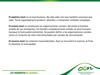 El séptimo nivel: es el nivel humano. No sólo sabe sino que también reconoce que
sabe. Tiene capacidad para producir, absorber, e interpretar símbolos complejos.
El octavo nivel: lo constituyen las organizaciones sociales. No existe el hombre
aislado de sus semejantes. Un hombre verdaderamente aislado no sería humano
(aunque lo fuera potencialmente). Se pueden definir a las organizaciones sociales
como un conjunto de roles interconectados por canales de comunicación
El noveno nivel: los sistemas trascendentales. Aquí se encuentra la esencia, lo final,
lo absoluto, lo inescapable.
 