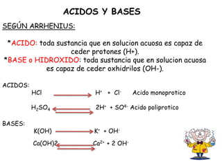 ACIDOS Y BASES
SEGÚN ARRHENIUS:

 *ACIDO: toda sustancia que en solucion acuosa es capaz de
                  ceder protones (H+).
*BASE o HIDROXIDO: toda sustancia que en solucion acuosa
           es capaz de ceder oxhidrilos (OH-).

ACIDOS:
          HCl             H+ + Cl-      Acido monoprotico

          H2SO4           2H+ + SO4- Acido poliprotico

BASES:
          K(OH)          K+ + OH-
          Ca(OH)2        Ca2+ + 2 OH-
 