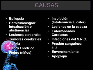 CAUSAS
• Epilepsia
• Barbitúricos(por
intoxicación o
abstinencia)
• Lesiones cerebrales
• Tumores cerebrales
• Asfixia
• Shock Eléctrico
• Fiebre (niños)
• Insolación
(Intolerancia al calor)
• Lesiones en la cabeza
• Enfermedades
Cardiacas
• Infecciones del S.N.C.
• Presión sanguínea
alta
• Envenenamiento
• Apoplejía
 