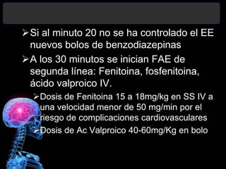 Si al minuto 20 no se ha controlado el EE
nuevos bolos de benzodiazepinas
A los 30 minutos se inician FAE de
segunda línea: Fenitoina, fosfenitoina,
ácido valproico IV.
Dosis de Fenitoina 15 a 18mg/kg en SS IV a
una velocidad menor de 50 mg/min por el
riesgo de complicaciones cardiovasculares
Dosis de Ac Valproico 40-60mg/Kg en bolo
 