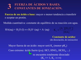 3

FUERZA DE ÁCIDOS Y BASES.
CONSTANTES DE IONIZACIÓN.

Fuerza de un ácido o base: mayor o menor tendencia a transferir
o aceptar un protón.
Medida cuantitativa: constante de equilibrio de su reacción con agua.
HA(aq) + H2O (l) ↔ H3O+ (aq) + A- (aq)

[A − ][H 3O + ]
Ka =
[HA]
Constante de acidez
(de disociación, de ionización)

Mayor fuerza de un ácido: mayor será Ka (menor pKa)
Caso extremo: ácido fuerte (p.ej. HCl, HNO3, HClO4, ...)
se encuentra totalmente disociado
(Ka >> 1, Ka → ∞)

 