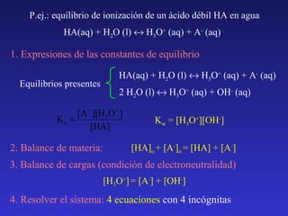 P.ej.: equilibrio de ionización de un ácido débil HA en agua
HA(aq) + H2O (l) ↔ H3O+ (aq) + A- (aq)

1. Expresiones de las constantes de equilibrio
Equilibrios presentes

HA(aq) + H2O (l) ↔ H3O+ (aq) + A- (aq)
2 H2O (l) ↔ H3O+ (aq) + OH- (aq)

[A − ][H 3O + ]
Ka =
[HA]

2. Balance de materia:

Kw = [H3O+][OH-]
[HA]o + [A-]o = [HA] + [A-]

3. Balance de cargas (condición de electroneutralidad)
[H3O+] = [A-] + [OH-]

4. Resolver el sistema: 4 ecuaciones con 4 incógnitas

 