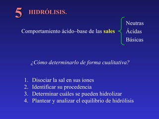 5

HIDRÓLISIS.

Comportamiento ácido–base de las sales

Neutras
Ácidas
Básicas

¿Cómo determinarlo de forma cualitativa?
1.
2.
3.
4.

Disociar la sal en sus iones
Identificar su procedencia
Determinar cuáles se pueden hidrolizar
Plantear y analizar el equilibrio de hidrólisis

 