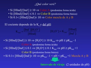 ¿Qué color veré?
• Si [HInd]/[Ind-] ≥ 10 ⇒ Color A (predomina forma ácida)
• Si [HInd]/[Ind-] ≤ 0.1 ⇒ Color B (predomina forma básica)
• Si 0.1< [HInd]/[Ind-]< 10 ⇒ Color mezcla de A y B
El cociente depende de la Ka y del pH:
K Ind

[Ind − ][H 3O + ]
=
[HInd]

[H 3O + ] = K Ind ⋅

[HInd]
[Ind − ]

• Si [HInd]/[Ind-] ≥ 10 ⇒ [Η3Ο+] ≥ 10 KInd ⇒ pH ≤ pKInd –1
Color A (predomina forma ácida)
• Si [HInd]/[Ind-] ≤ 0.1 ⇒ [Η3Ο+] ≤ 0.1 KInd ⇒ pH ≥ pKInd +1
Color B (predomina forma básica)
• Si 0.1< [HInd]/[Ind-]< 10 ⇒ pKInd –1 < pH < pKInd +1 Mezcla A y B
Intervalo de viraje (2 unidades de pH)

 
