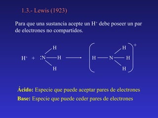 1.3.- Lewis (1923)
Para que una sustancia acepte un H+ debe poseer un par
de electrones no compartidos.
H

H+ +

:N

H
H

+

H
H

N

H
H

Ácido: Especie que puede aceptar pares de electrones
Base: Especie que puede ceder pares de electrones

 