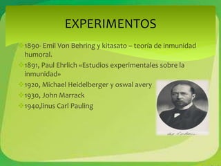 EXPERIMENTOS 
1890- Emil Von Behring y kitasato – teoría de inmunidad 
humoral. 
1891, Paul Ehrlich «Estudios experimentales sobre la 
inmunidad» 
1920, Michael Heidelberger y oswal avery 
1930, John Marrack 
1940,linus Carl Pauling 
 