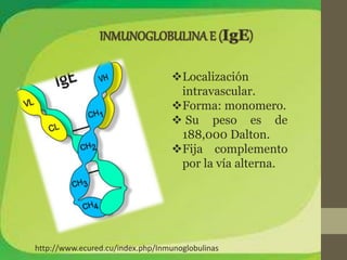 Localización 
intravascular. 
Forma: monomero. 
 Su peso es de 
188,000 Dalton. 
Fija complemento 
por la vía alterna. 
http://www.ecured.cu/index.php/Inmunoglobulinas 
 