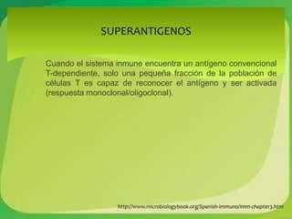 SUPERANTIGENOS 
Cuando el sistema inmune encuentra un antígeno convencional 
T-dependiente, solo una pequeña fracción de la población de 
células T es capaz de reconocer el antígeno y ser activada 
(respuesta monoclonal/oligoclonal). 
http://www.microbiologybook.org/Spanish-immuno/imm-chapter3.htm 
 